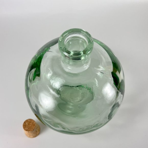 Hand Blown Round Glass Bottle Jug Decanter Green Hue Decorative Vtg Retro Look - Picture 4 of 8